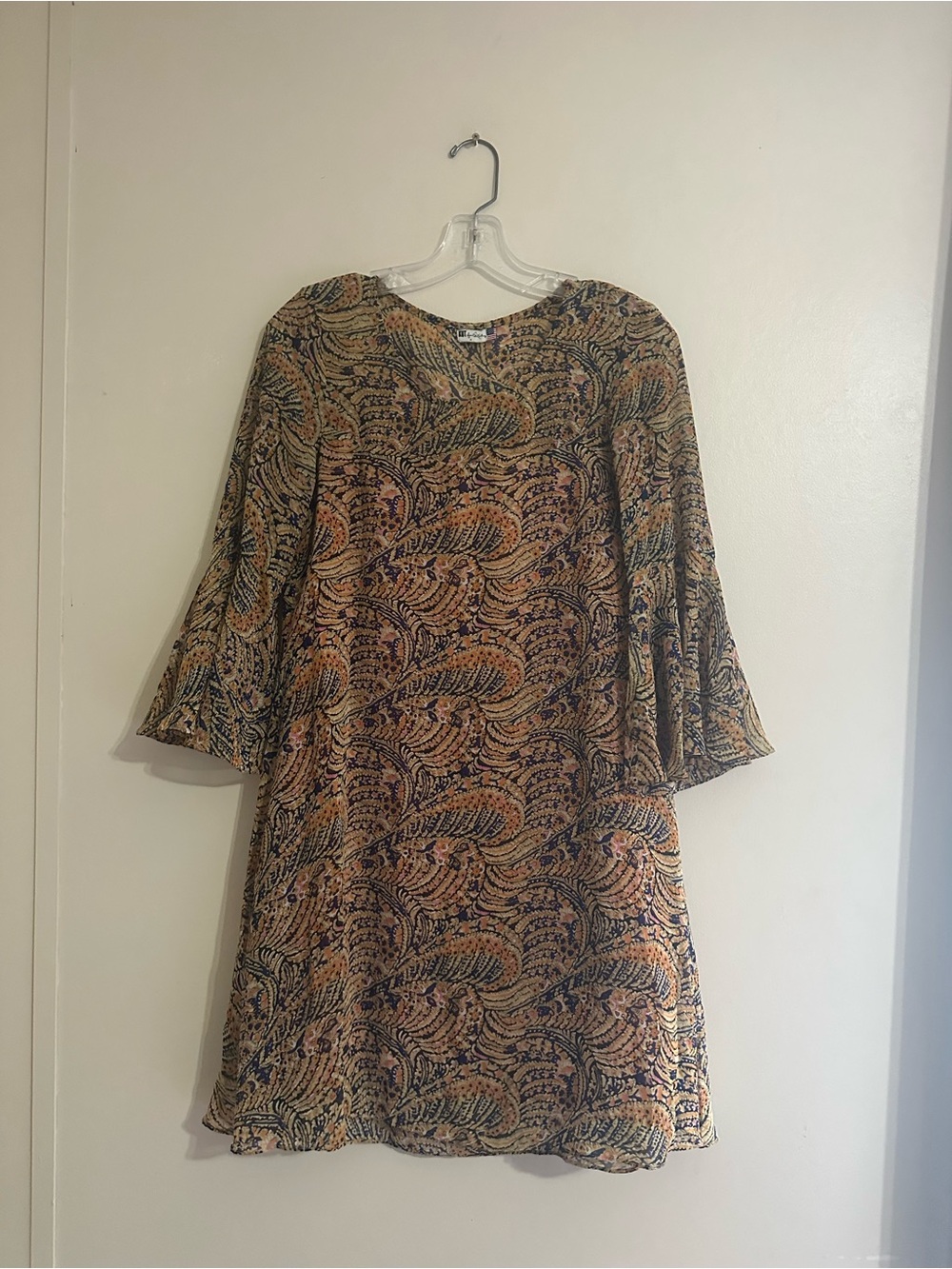 Kut from the Kloth Paisley-Print Bell Sleeve Dress in Brown and Navy